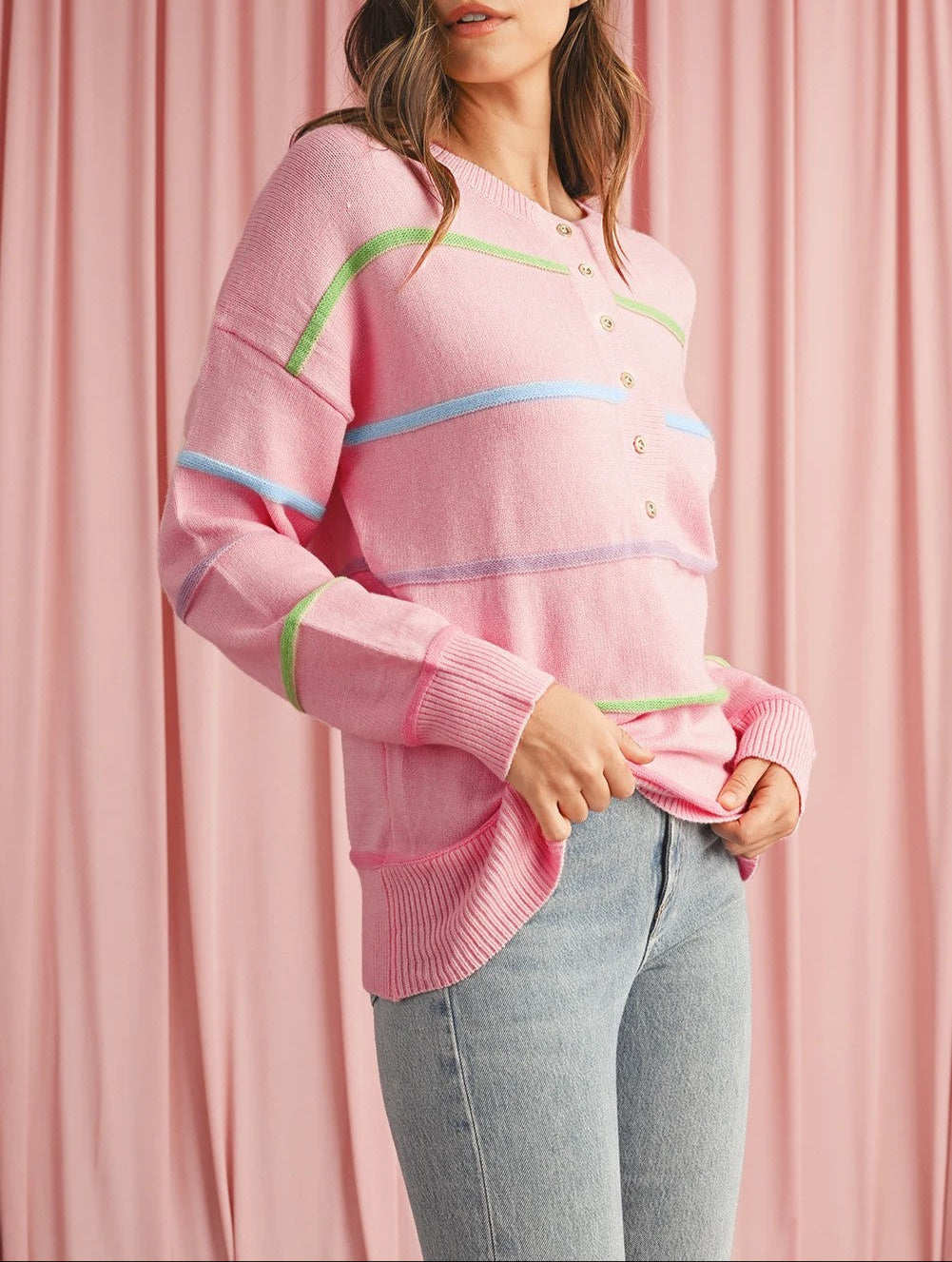 Pink Rainbow Striped Drop Sleeve Henley Sweater