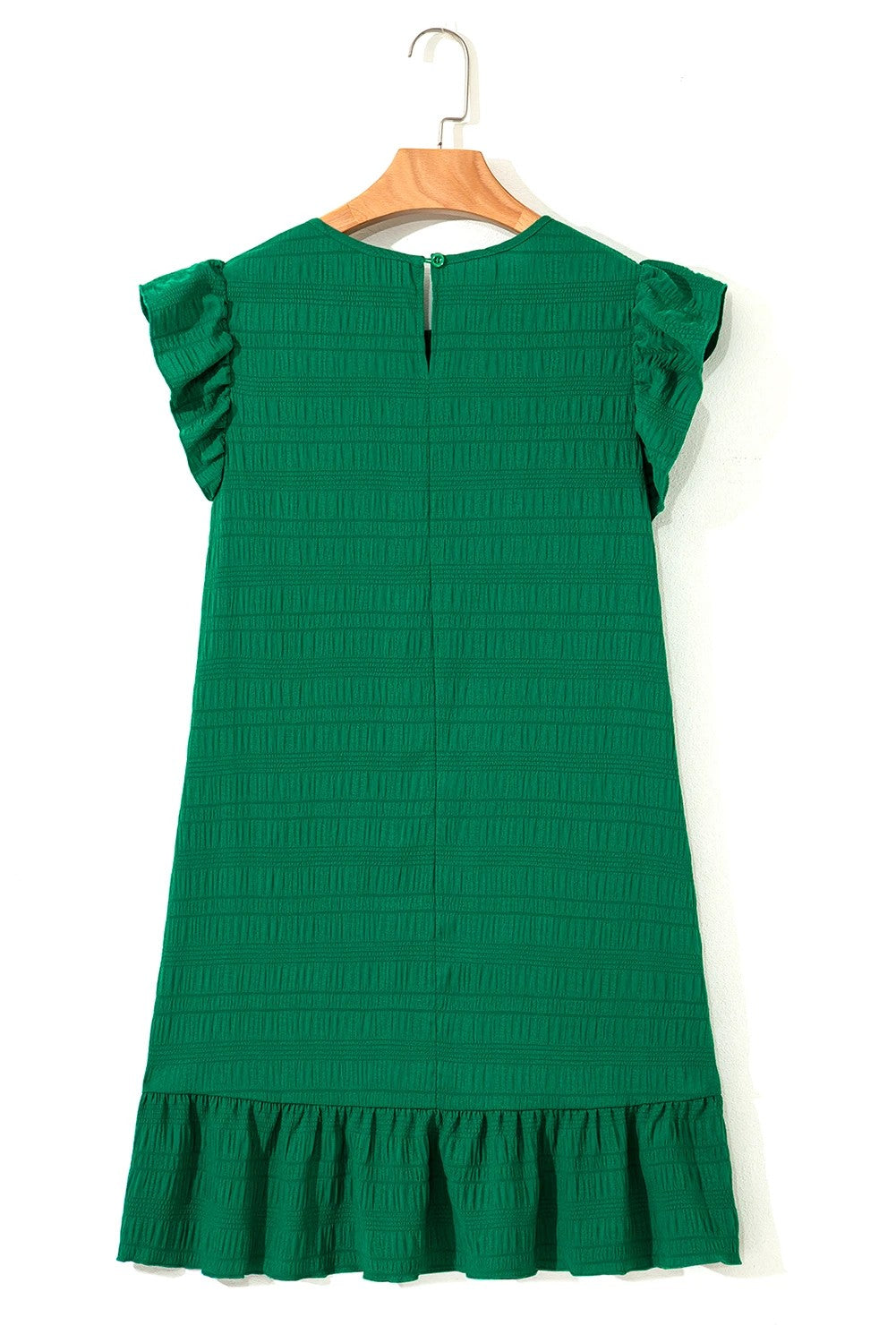 Dark Green Textured Flutter Sleeve Ruffle Mini Dress