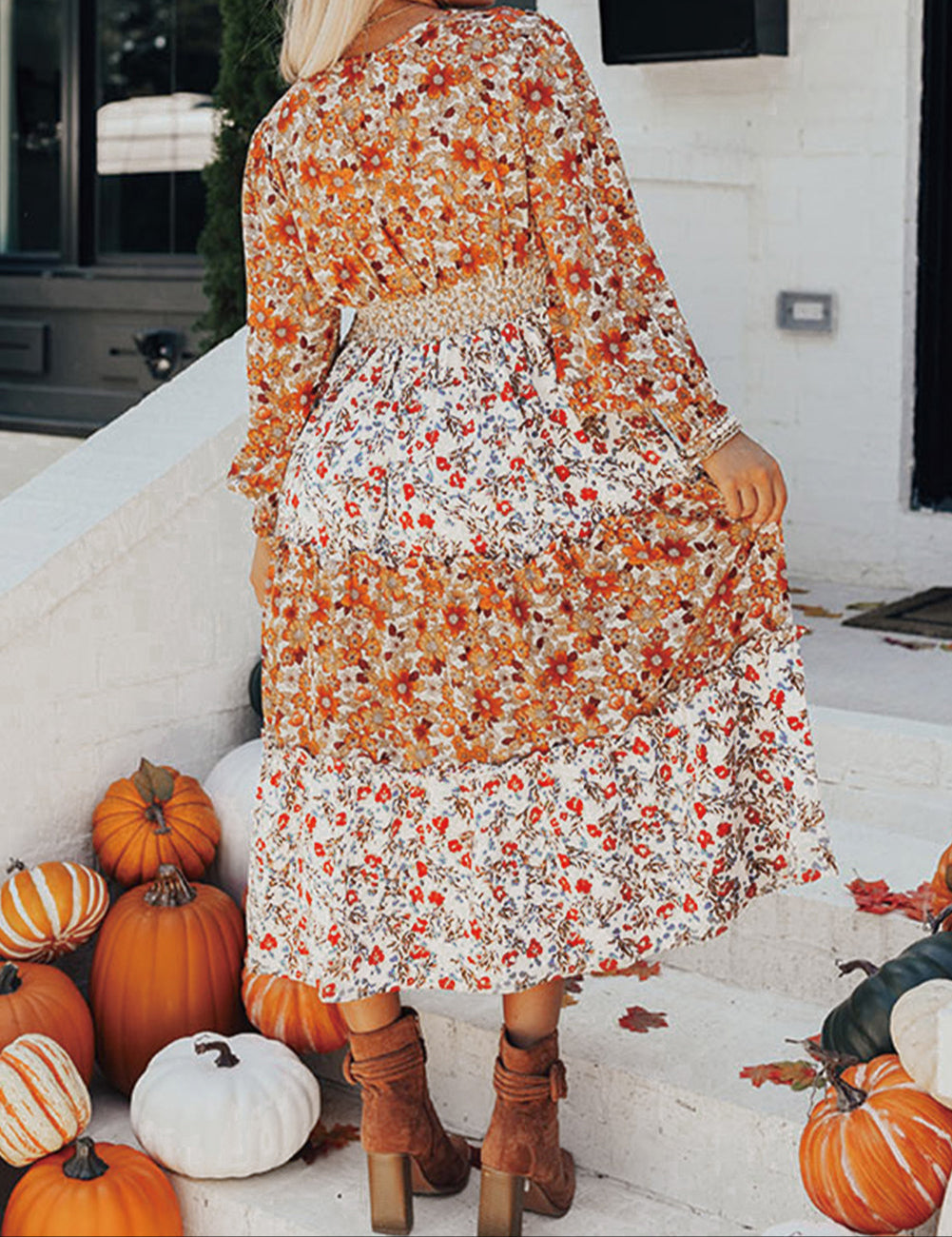 Khaki Floral Print Ruffled Tiered Long Sleeve V Neck Midi Dress