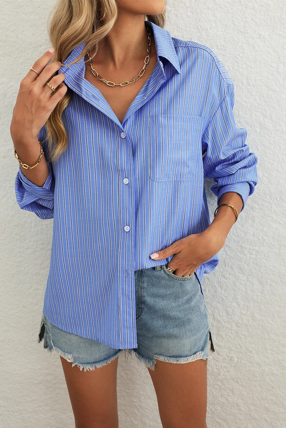 Blue Stripe Button Up Oversized Casual Shirt