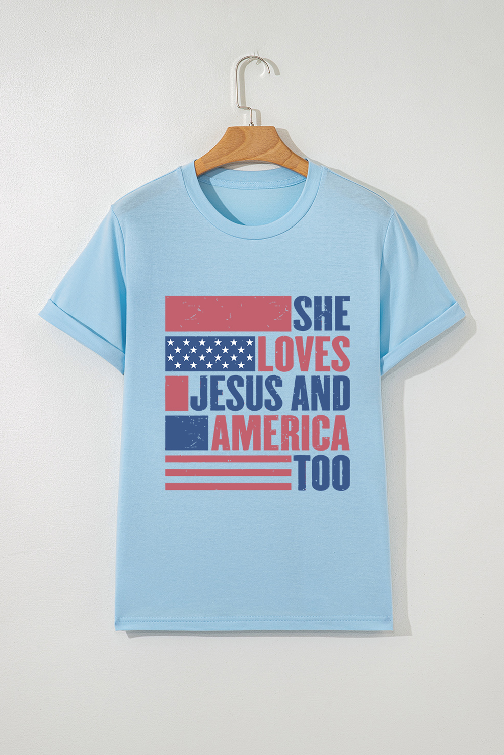 Light Blue SHE LOVES JESUS AND AMERICA TOO Flag Graphic T Shirt