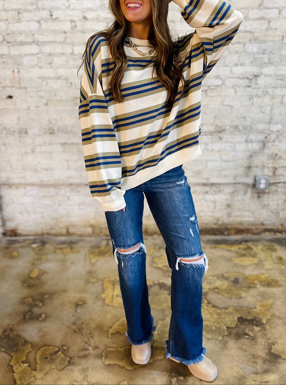 Khaki Stripe Crew Neck Drop Shoulder Pullover Sweatshirt