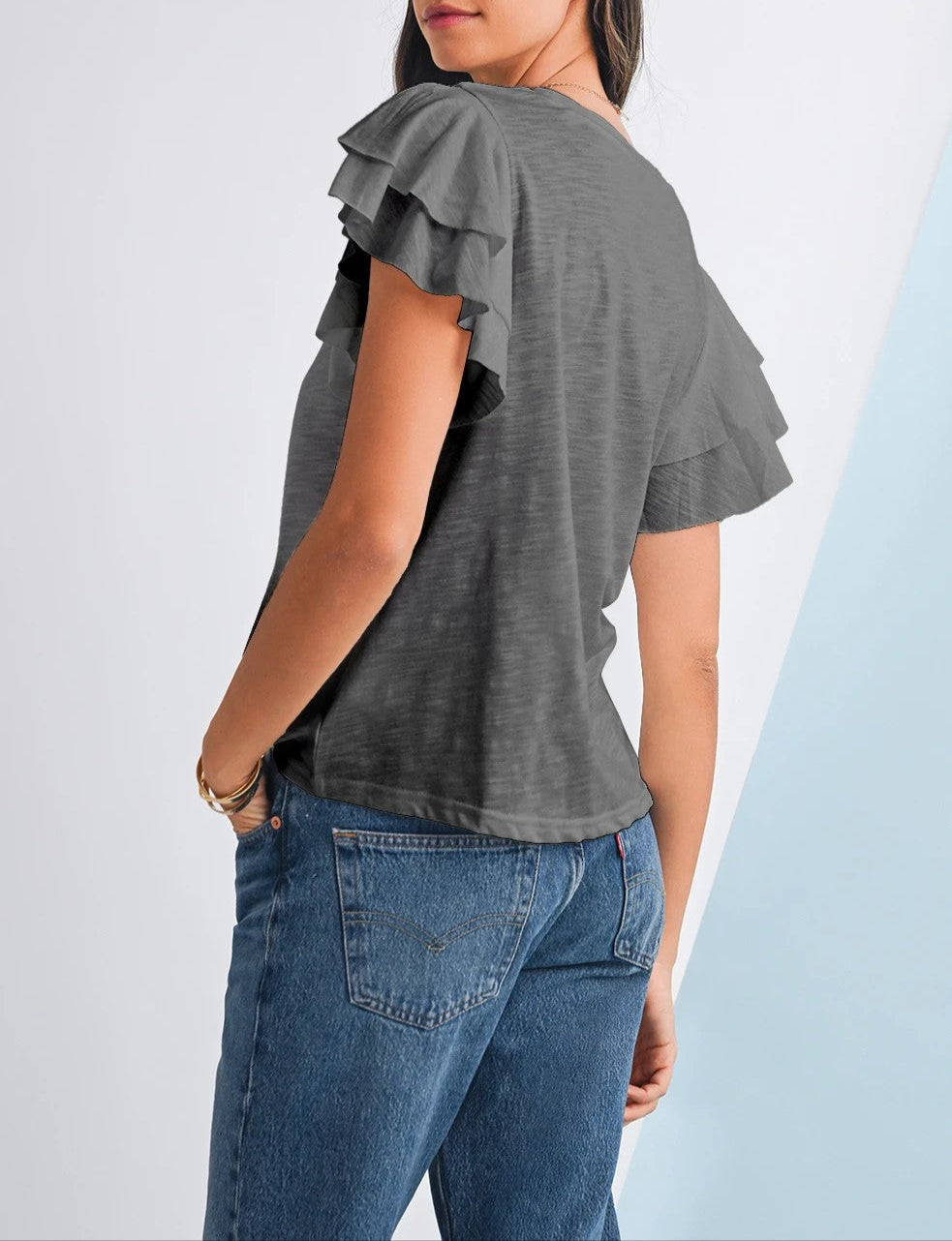 Dark Grey Ruffle Sleeve Plain Blouse