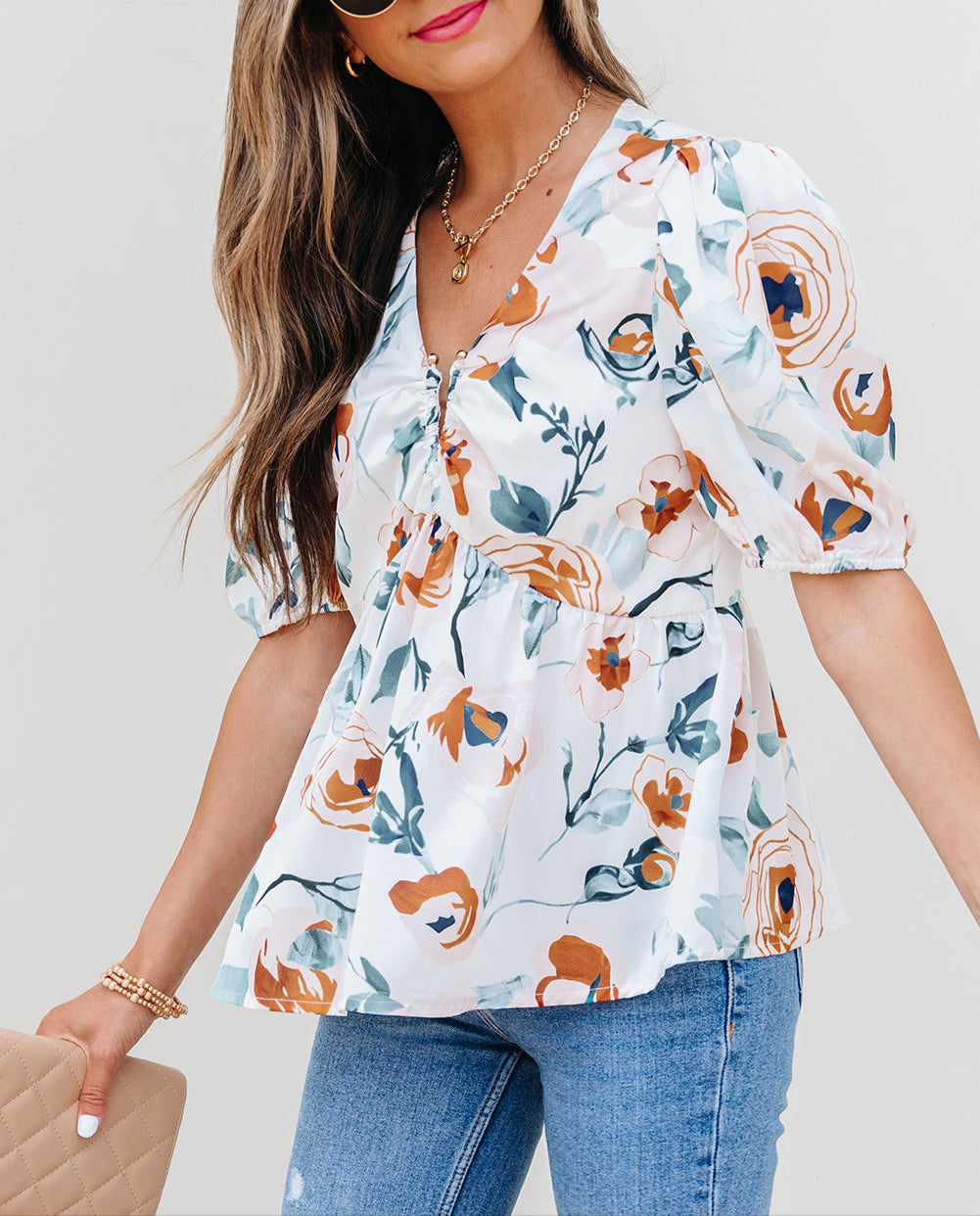 Green Floral Print Puff Sleeve V Neck Babydoll Blouse