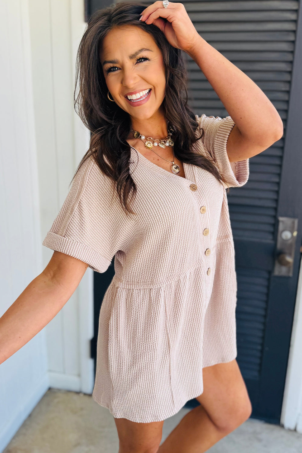 Parchment Spiral Ribbed Short Sleeve V Neck Buttoned Romper with Pocket