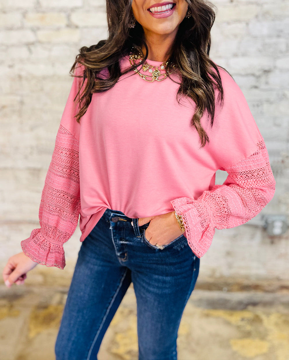 Sachet Pink Drop Shoulder Lace Ruffled Sleeve Patchwork Loose Sweatshirt