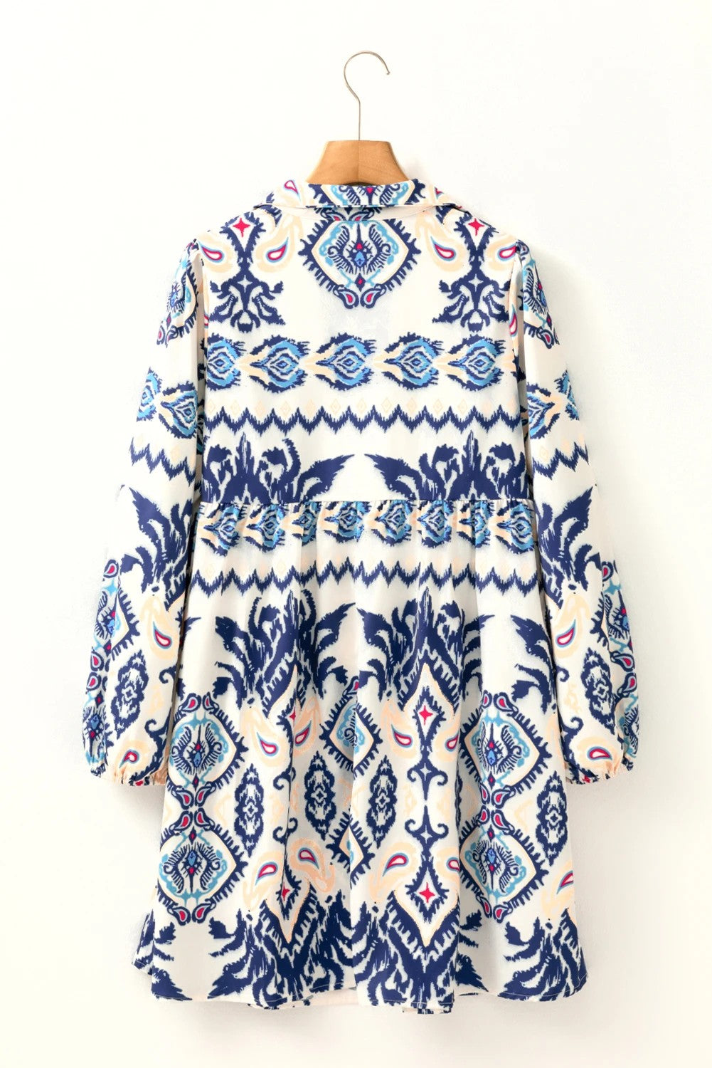 Blue Ethnic Print Pop of Color Neckline Long Sleeve Dress