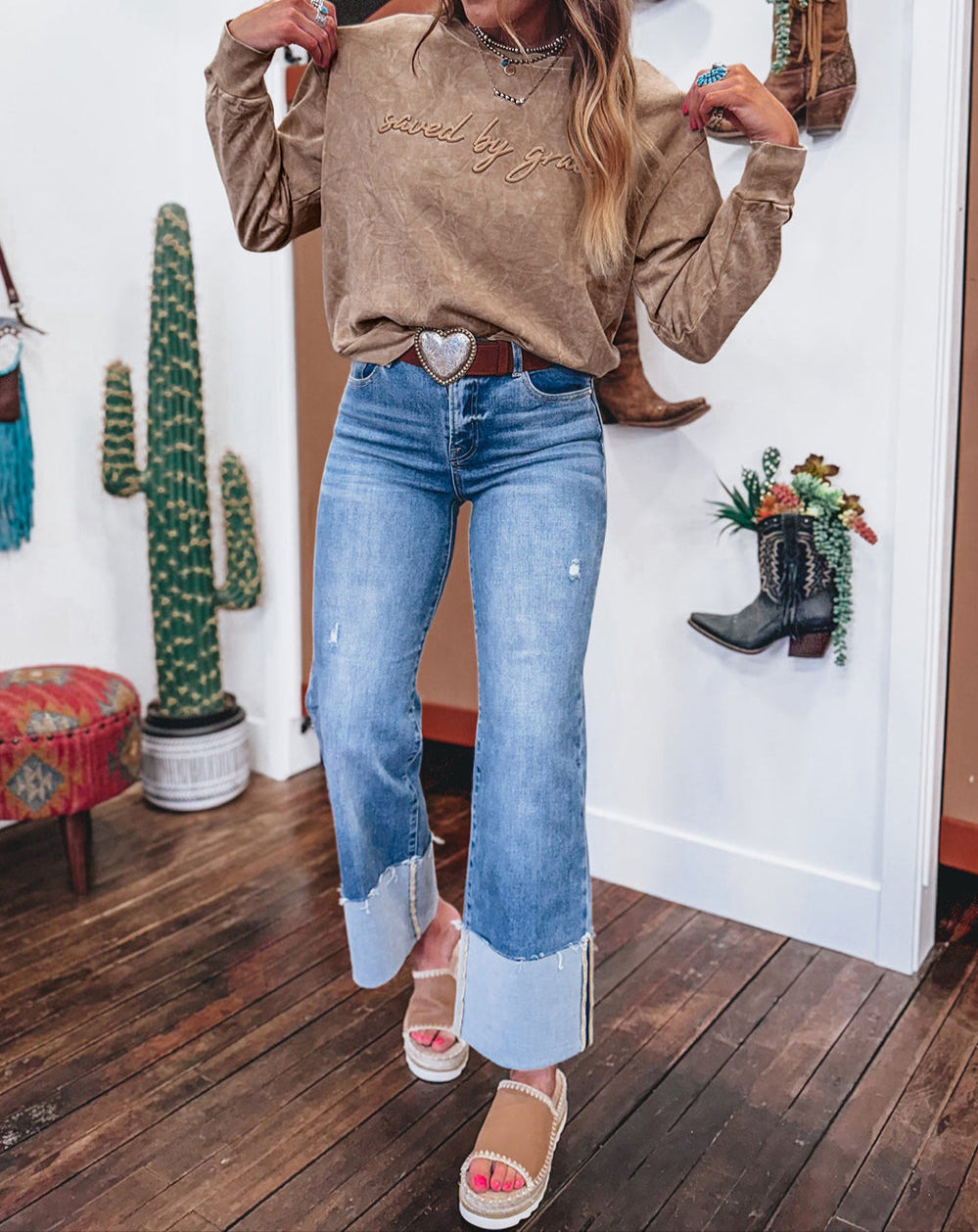 DUNE saved by grace Letter Embroidery Mineral Wash Loose Sweatshirt