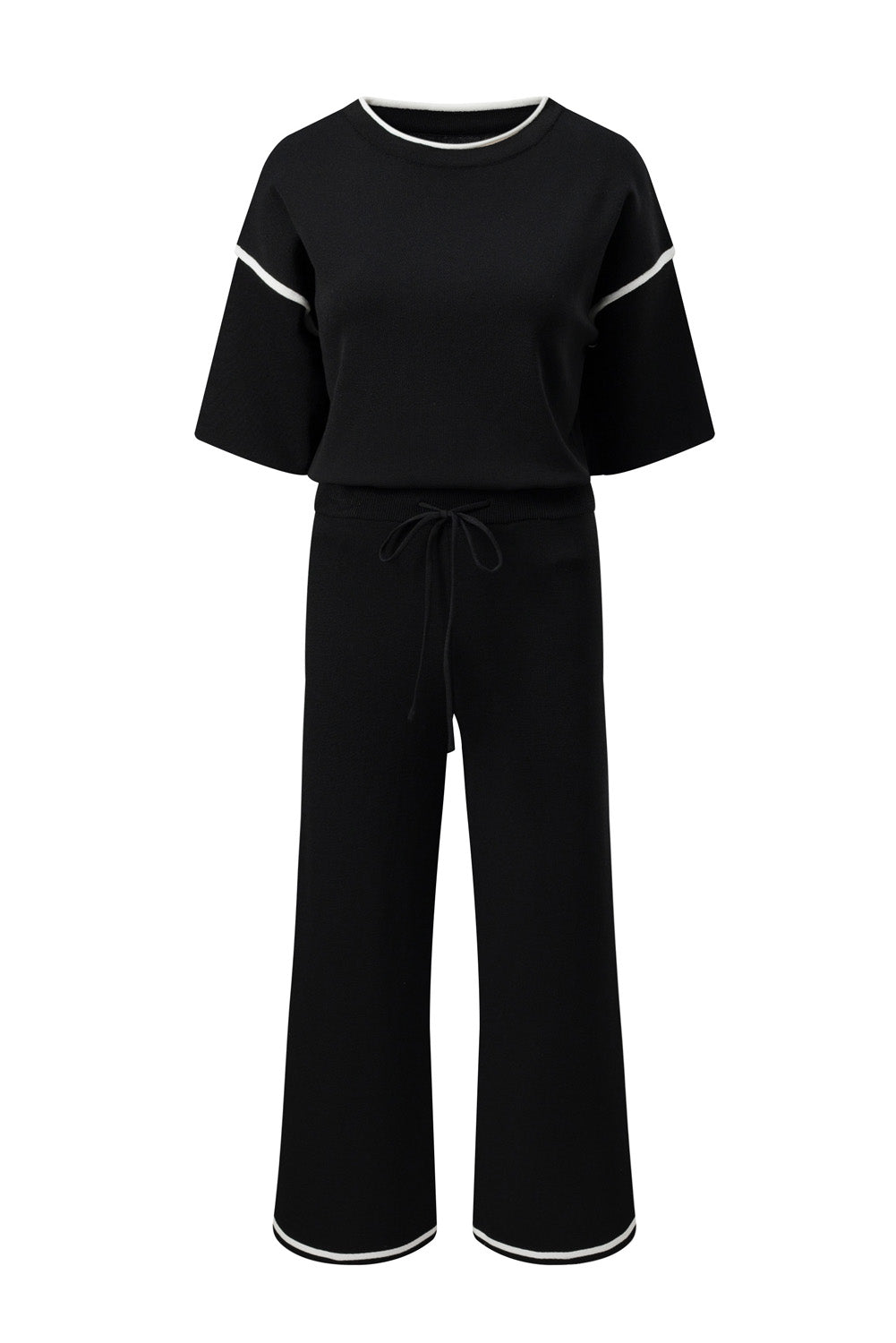 Black Contrast Trim Half Sleeve Top Drawstring Pants Loose 2pcs Sweater Suit